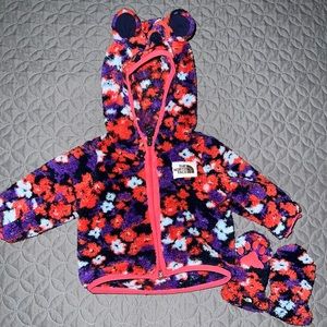 The North Face fleece jacket and mittens. 0-3 months. Multicolor.